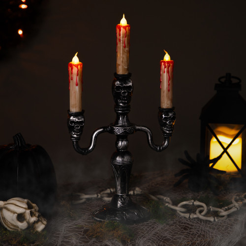 Antique-Style Skull Trio Flickering Halloween Candelabra - 13.75" - Amber Lights - IMAGE 1