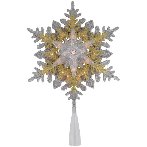 13.75" Lighted Gold and Silver Snowflake Christmas Tree Topper, Clear Lights - IMAGE 1