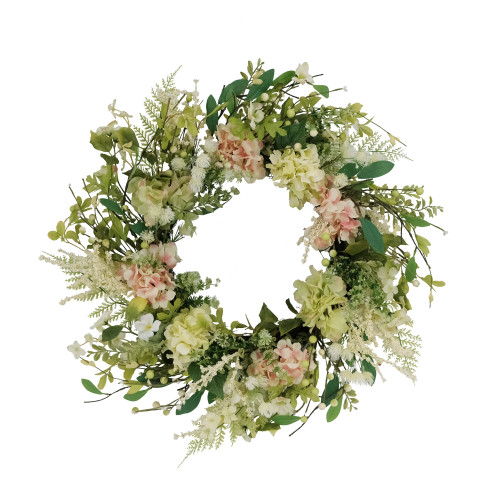Hydrangea and Dogwood Spring Floral Wreath - 24" - Green and White - IMAGE 1