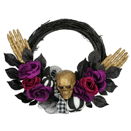 Skull with Hands and Purple Roses Halloween Twig Wreath, 22-Inch, Unlit - IMAGE 1