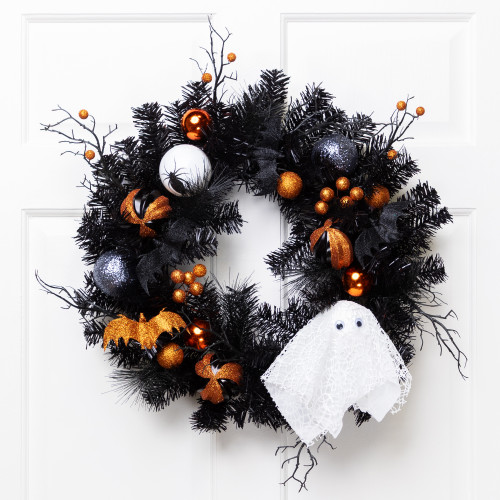 Ghost and Ornaments Artificial Halloween Wreath - 24" - Unlit - IMAGE 1