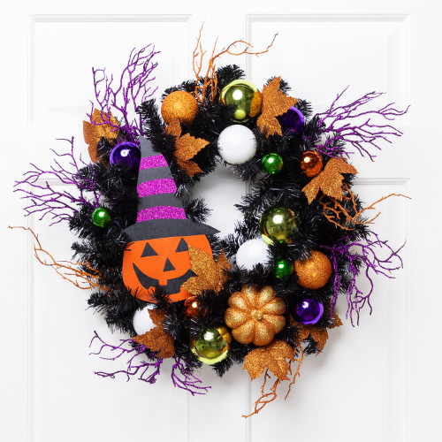 Glittered Jack-O-Lantern in Witch's Hat Artificial Halloween Wreath - 24" - Unlit - IMAGE 1