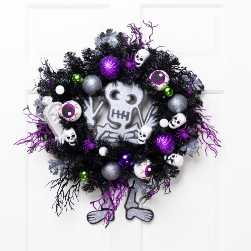 Purple and Black Spooky Skeleton Pine Halloween Wreath, 24-Inch, Unlit - IMAGE 1