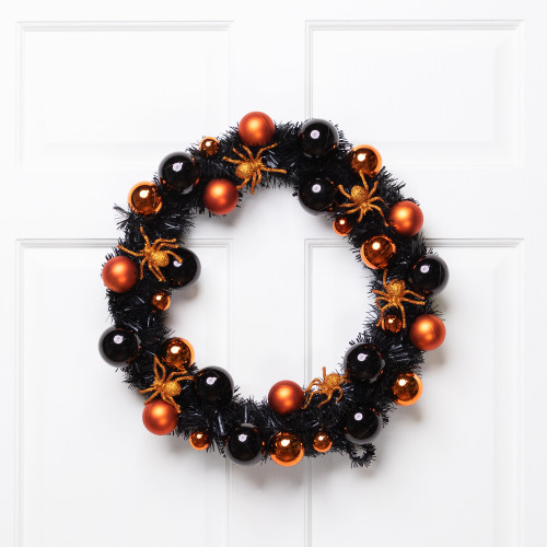 Spiders and Ornaments Small Tinsel Halloween Wreath - 18" - Orange and Black - Unlit - IMAGE 1