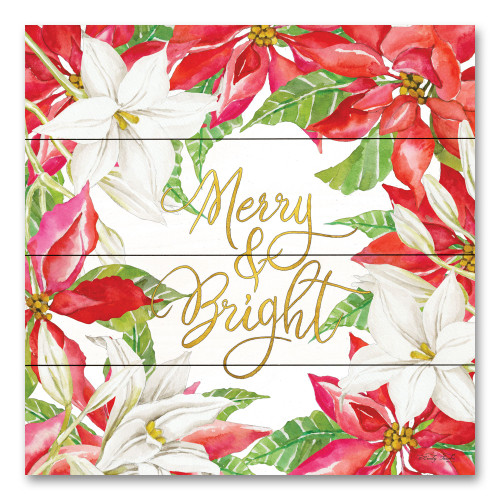 Red and Ivory Merry and Bright Poinsettias Christmas Square Wall Art Decor 12" x 12" - IMAGE 1