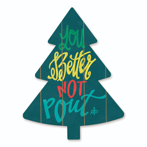 18" Green and Yellow "You Better Not Pout" Christmas Tree Cutout Wall Decor - IMAGE 1