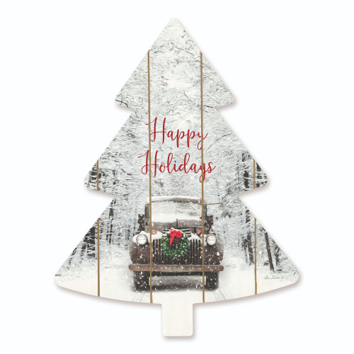 18" White and Brown "Happy Holidays" Vintage Truck Hanging Tree Wall Decor - IMAGE 1