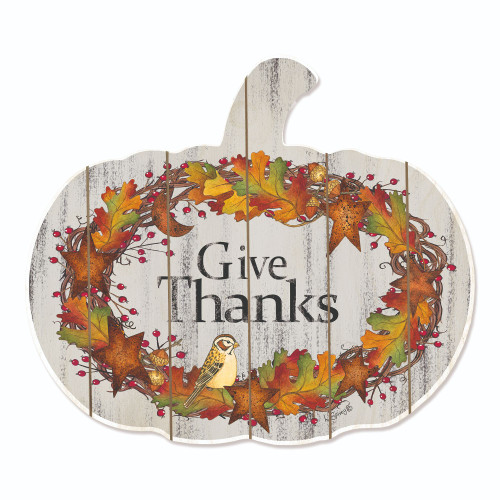 17" Ivory and Orange "Give Thanks" Pumpkin Hanging Thanksgiving Wall Decor - IMAGE 1