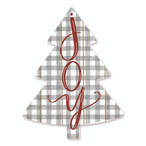 18" Gray and Red Checkered "Joy" Christmas Tree Cutout Wall Décor - IMAGE 1