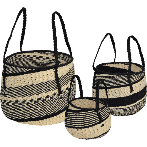 Set of 3 Cream White and Black Woven Storage Baskets 16" - IMAGE 1
