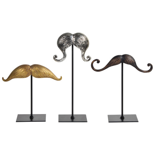 Set of 3 Gold and Silver Eclectic Mustache Statues 12.25" - IMAGE 1