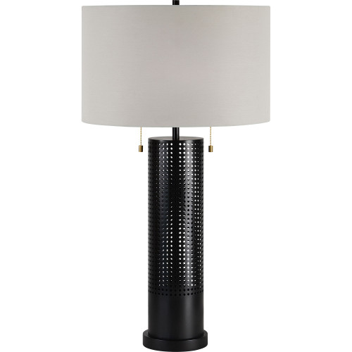 30" Black Perforated Table Lamp with Off White Drum Shade - IMAGE 1