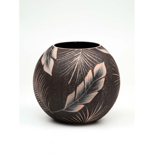 7" Brown and Beige Tropical Leaves Round Glass Vase - IMAGE 1