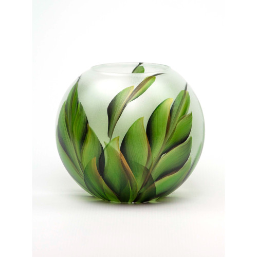 7" White and Green Tropical Leaves Round Glass Vase - IMAGE 1