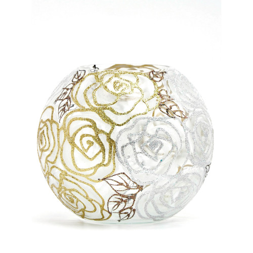 7" Gold and White Floral Round Glass Vase - IMAGE 1