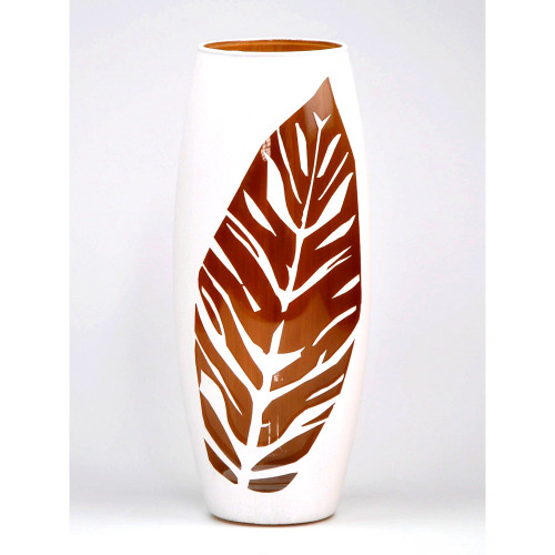 10.25" White and Gold Leaf Barrel Glass Vase - IMAGE 1