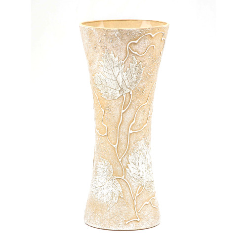 11" Beige and Cream Frosted Leaves Tabletop Glass Vase - IMAGE 1