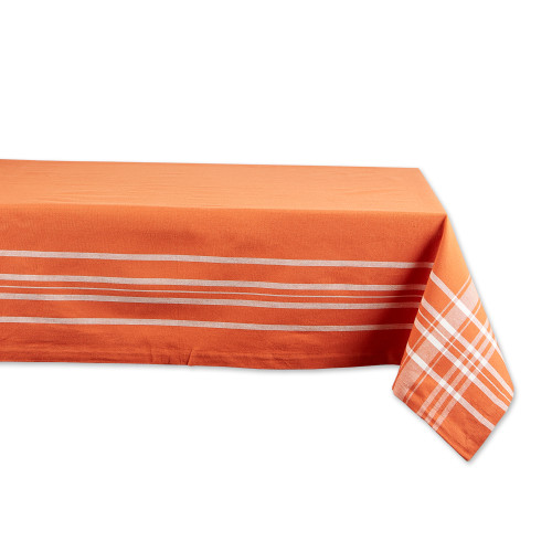 Striped and Plaid Harvest Rectangular Cotton Tablecloth - 84" - Orange and White - IMAGE 1
