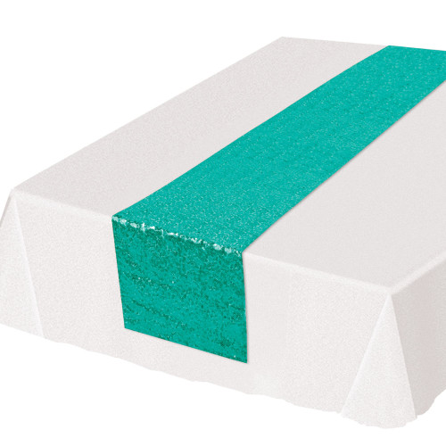 5.5" x 14.5" Shimmering Turquoise Green Rectangular Sequined Table Runner - IMAGE 1