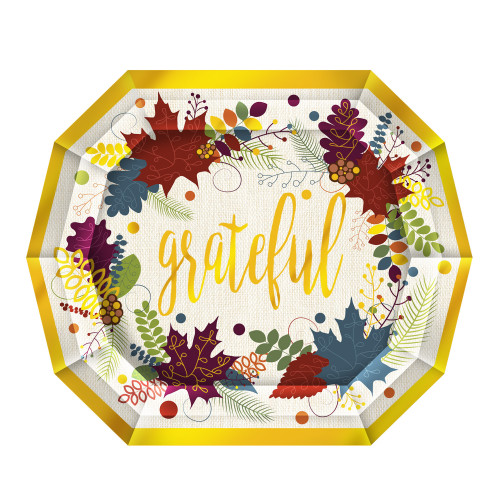 Pack of 12 Decagonal "Thankful" Paper Dessert Plates 7.5" - IMAGE 1