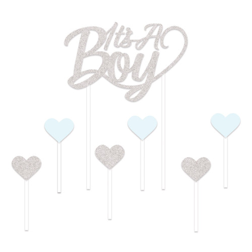 9.75" Blue and Silver "It's A Boy" Hearts Decorative Cake Topper - IMAGE 1