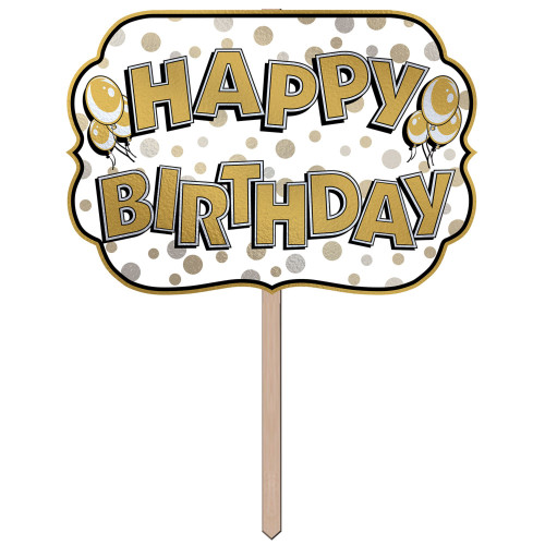 24" Gold and White "Happy Birthday" Yard Sign - IMAGE 1