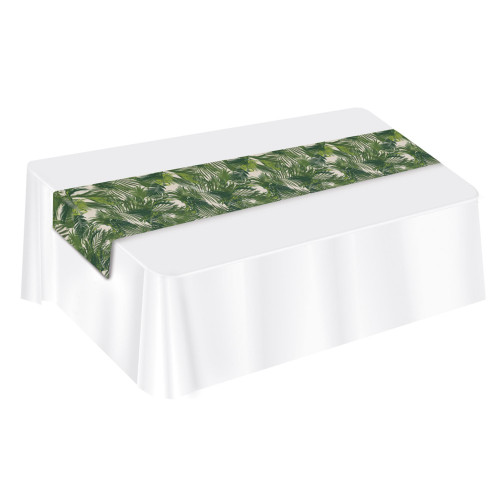 12.5" x 14.25" Grass Green and White Rectangular Palm Leaf Fabric Table Runner - IMAGE 1