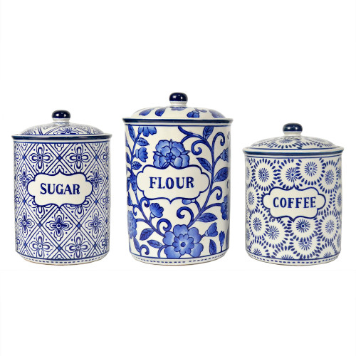 Set of 3 Blue and White Floral Designed Canister 11" - IMAGE 1