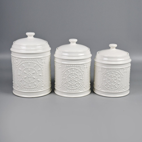 Set of 3 White Unique Pinwheel Design Sealed Storage Canisters, 10" - IMAGE 1