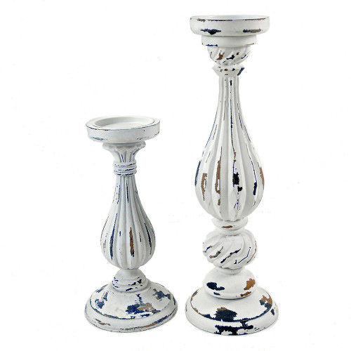 Set of 2 Antique White Unique Tall Candle Stick Holder, 16.25" - IMAGE 1