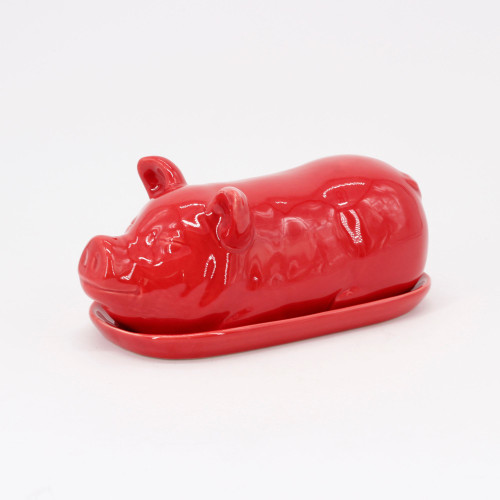 9" Red Unique 2-Piece Pig Butter Dish with Cover - IMAGE 1