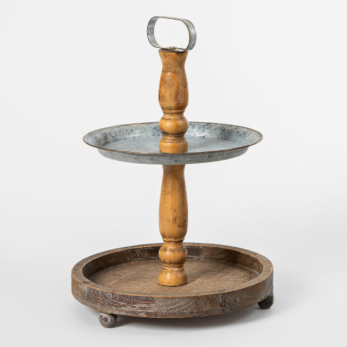 18.5" Brown and Silver 2-Tier Unique Wooden Round Serving Tray - IMAGE 1