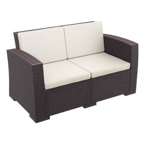 55" Brown Outdoor Patio Loveseat with Natural Beige Sunbrella Cushion - IMAGE 1