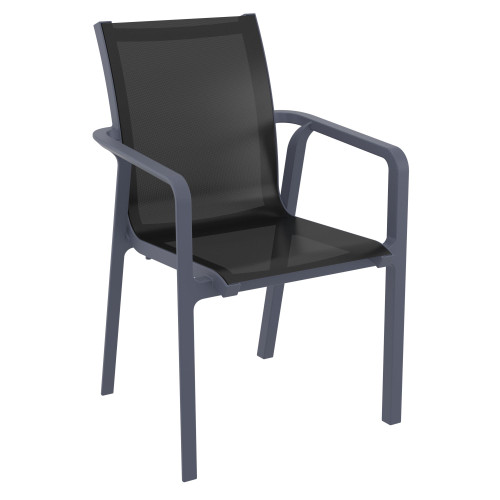 35.5" Gray and Black Resin Sling Outdoor Dining Arm Chair - IMAGE 1