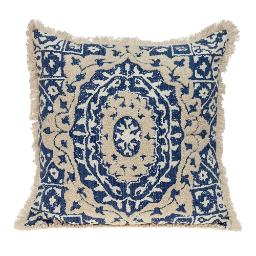 18" Beige and Blue Embroidered Ethnic Design Throw Pillow - IMAGE 1
