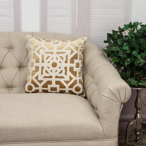 Geometric Lattice Velvet Throw Pillow - 18" - Beige and Gold - IMAGE 1