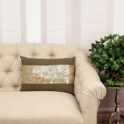 Embroidered Greek Key Lumbar Throw Pillow - 20" - Olive Green and Gold - IMAGE 1