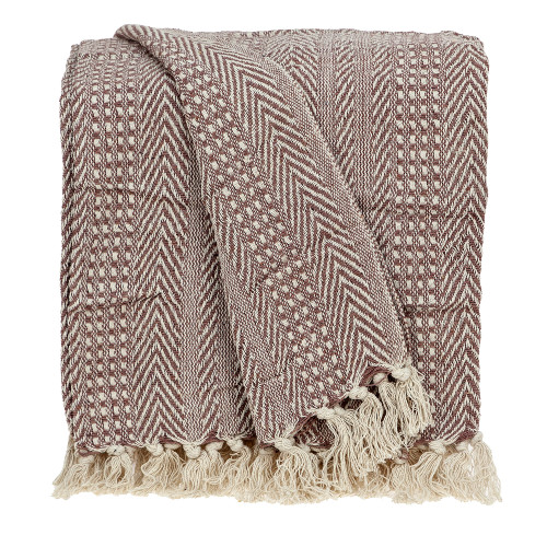 Brown and Beige Woven Handloom Herringbone and Gingham Throw Blanket 52" x 67" - IMAGE 1