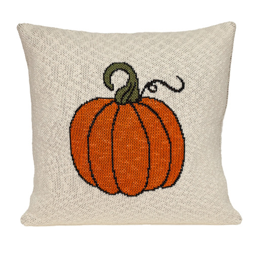 20" Beige and Orange Fall Harvest Pumpkin Knitted Throw Pillow - IMAGE 1