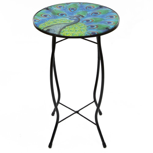 19" Blue and Green Peacock Glass Patio Side Table - IMAGE 1