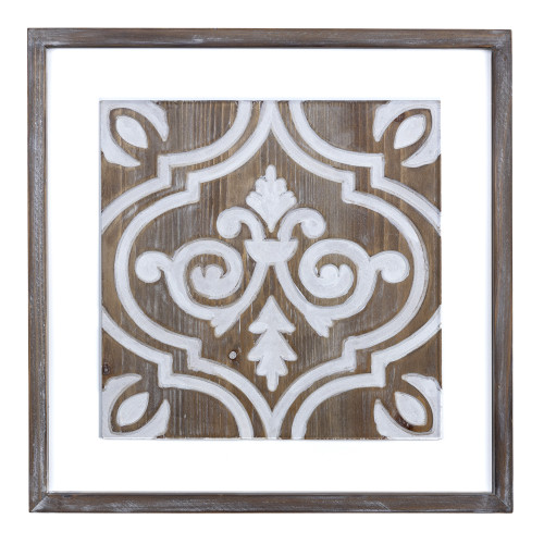 17" White and Brown Farmhouse Ornate Carved Wood Inlay Tile Wall Design - IMAGE 1