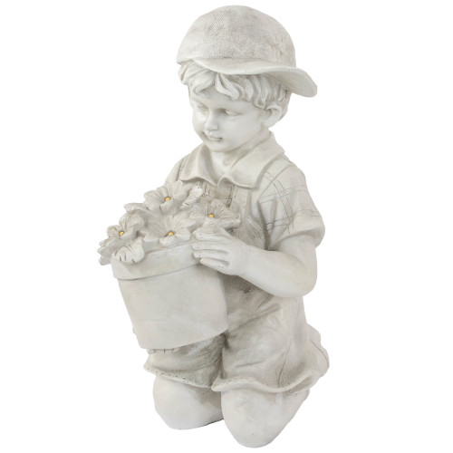 15" Solar LED Lighted Boy with Flowers Outdoor Garden Statue - IMAGE 1