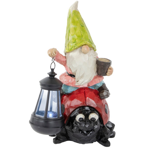 12.25" Solar LED Lighted Gnome and Ladybug Outdoor Garden Statue - IMAGE 1