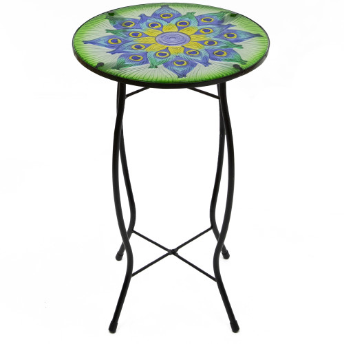 Peacock Flower Tail Glass Patio Side Table - 19" - IMAGE 1