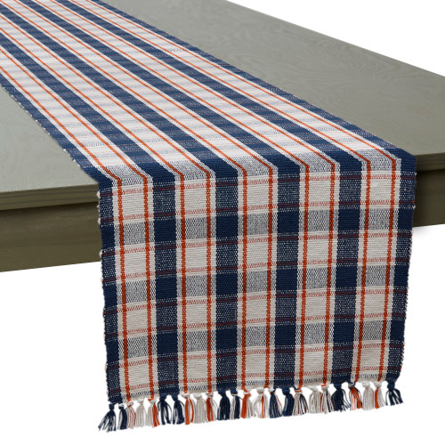Farmhouse Plaid Textured Table Runner with Tassels - 72" - White and Blue - IMAGE 1