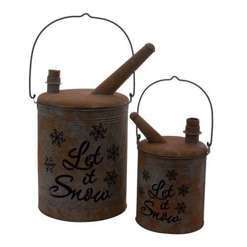 Set of 2 Gray, Black And Rust Orange Let it Snow Gas Cans, 15" - IMAGE 1