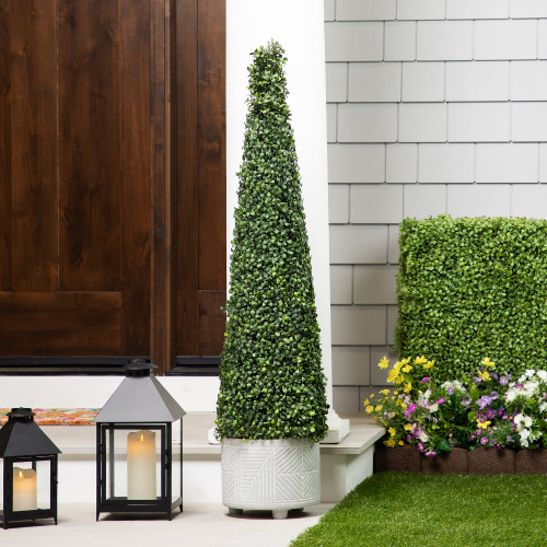 Two-Toned Artificial Boxwood Topiary Cone Tree in Pot - 4' - IMAGE 1