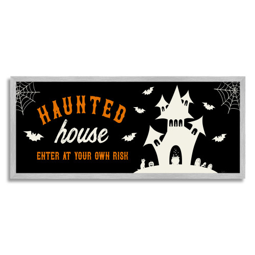 Spooky ‘Haunted House’ Halloween Gray Framed Giclee Texturized Art, 10" x 24" - IMAGE 1