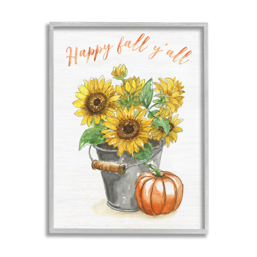Sunflower and Pumpkin ‘Happy Fall Y’All’ Gray Framed Giclee Texturized Art, 16" x 20" - IMAGE 1