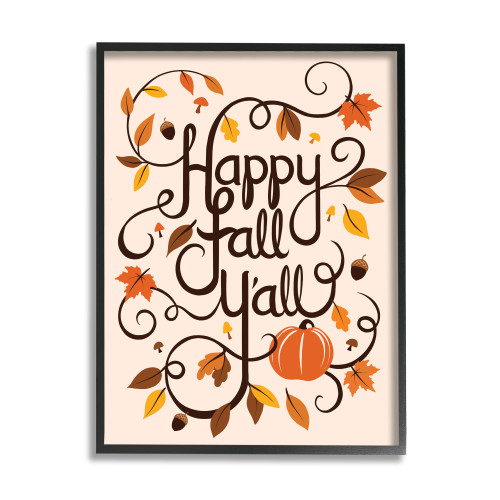 Foliage Typography Acorns ‘Happy Fall Y’All’ Black Framed Texturized Art, 24" x 30" - IMAGE 1